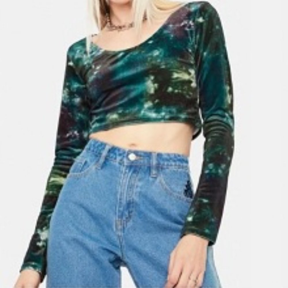 NWT BDG Urban Outfitters Scoop Neck Velvet Crop Top In Green Tie Dye Size M